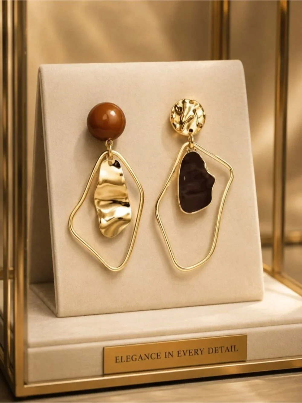 Gold-Tone Asymmetrical Drop Earrings with Brown Accents